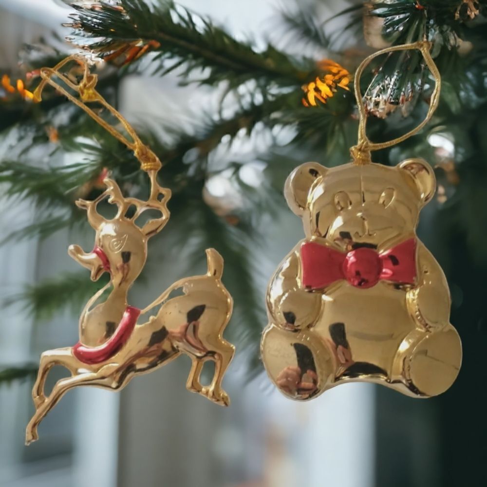2 Vtg Gloria Duchin Ornaments Classics Collection Reindeer Teddy Bear Gold Tone